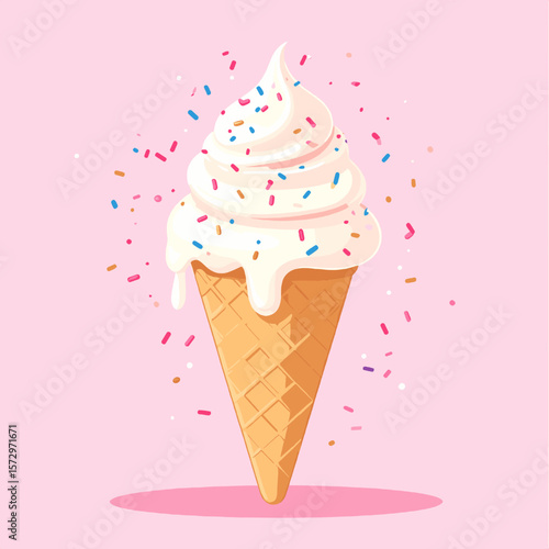 Pixel Art Ice Cream Cone with Colorful Sprinkles on a Pink Background Sweet Dessert Treat Graphic Design