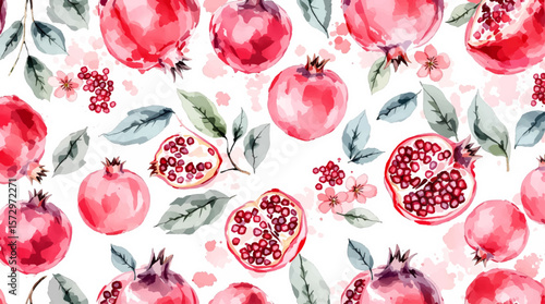 Elegant watercolor pomegranates with soft leaves and blossoms, forming a rich, decorative pattern full of depth and natural beauty