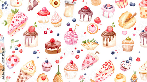 Colorful watercolor cakes and treats scattered across a light background, capturing the essence of celebration, sweetness, and artistic delight