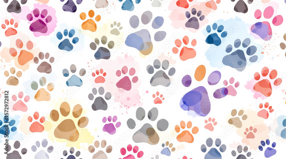 Fototapeta premium Colorful playful paw print pattern scattered across soft background, perfect for pet lovers and cheerful designs