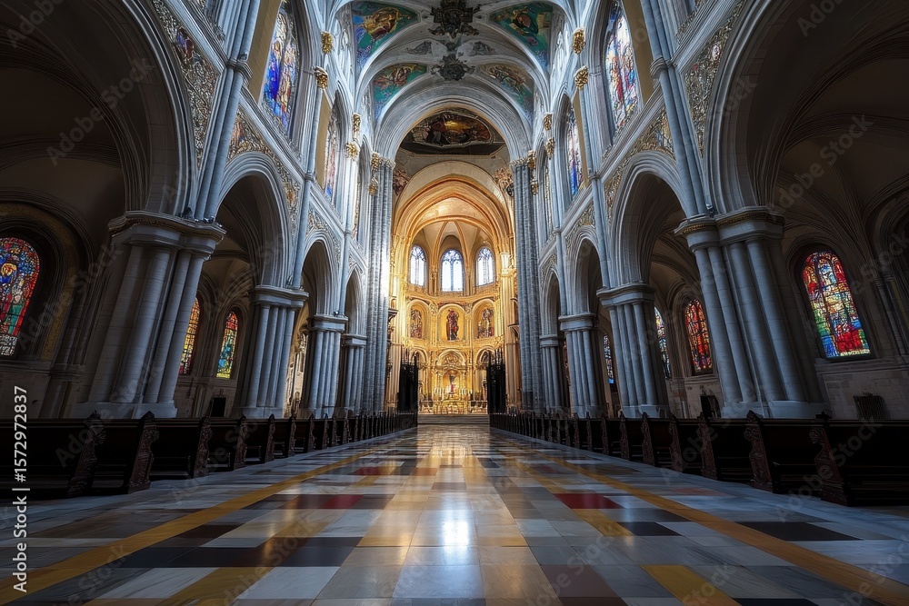 Fototapeta premium Magnificent interior view of Almudena Cathedral in Madrid showcasing stunning architecture and stained glass, Almudena Cathedral in Madrid
