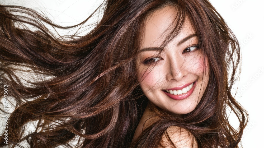 Fototapeta premium A woman with wind blown hair is bathed in soft studio light, her skin, hair, and eyes captured in fine detail, emphasizing her natural beauty and elegance.