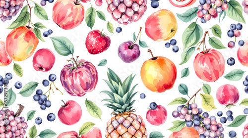 A vibrant watercolor mix of fruits and berries, creating a lively pattern full of freshness, color harmony, and natural summer abundance