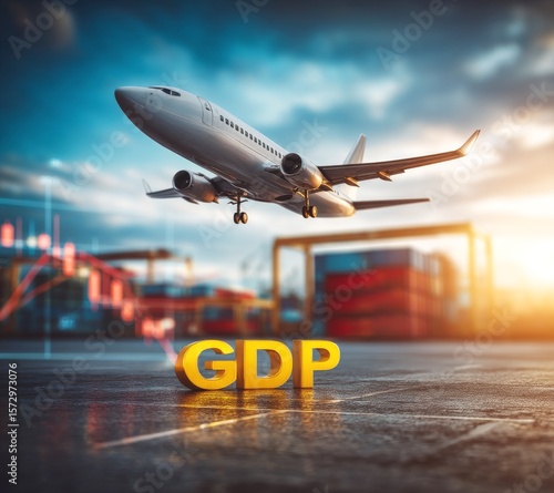Aircraft Taking Off with GDP Symbol in Foreground Highlighting Economic Growth and Travel Connections