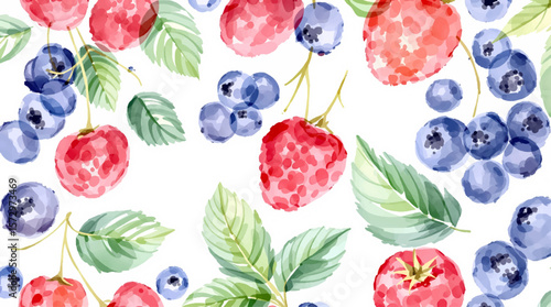 Whimsical watercolor berry background with fresh fruits and foliage for cheerful creative projects