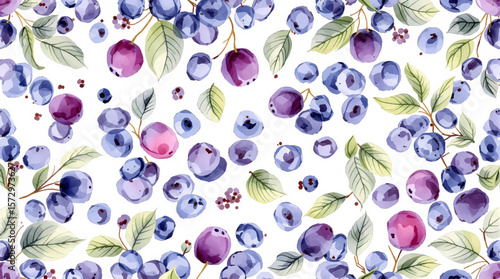 Soft watercolor blueberries and plums with delicate green leaves, creating a fresh, elegant pattern full of natural charm and balance
