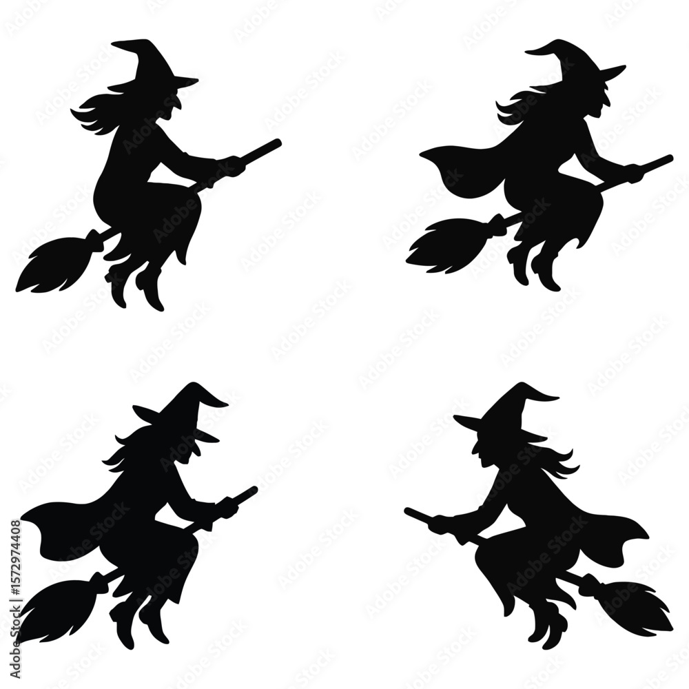 Witch flying on broomstick silhouettes halloween Witch flying on broomstick silhouettes halloween
