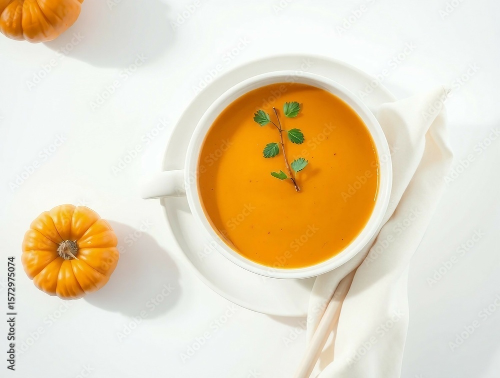 White bowl of creamy pumpkin soup with parsley garnish on a white surface and linen napkin. Clean and cozy food setup.
White bowl of creamy pumpkin soup with parsley garnish on a white surface and linen napkin. Clean and cozy food setup.