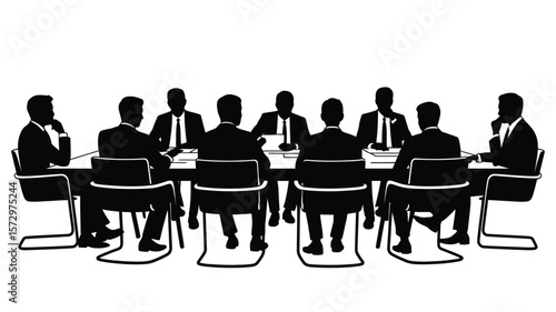 Silhouette of business people in suits sitting around a conference table discussing ideas