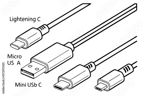 "Black and white outline drawings of various digital device connectors, including Lightning, USB-C, Micro USB, Mini USB, and USB-A. Each connector is isolated and viewed head-on and from the side, ali