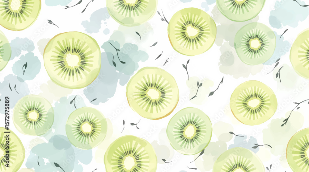 Fototapeta premium Seamless pattern of fresh kiwi slices with green floral elements on a clean background