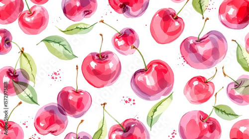 A lively cherry pattern painted in delicate watercolor tones, capturing the essence of summer fruits and lighthearted artistic expression