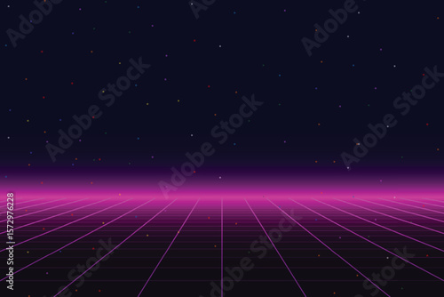 Retro cyberpunk style 80s game scene pixel art 8-bit sci-fi background. glowing neon grid and stars from vintage arcade computer games.