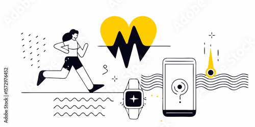 Woman running with smartwatch and fitness app, heart health and activity tracking concept
