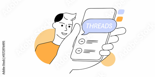 Hand holding smartphone with Threads app interface, flat vector illustration