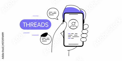 Hand holding smartphone showing Threads app interface, flat vector illustration
