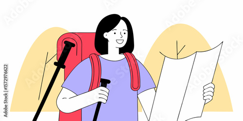 Happy female hiker with backpack reading a map, flat vector illustration