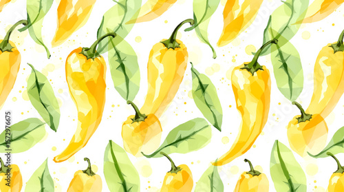 Watercolor Set of yellow chili peppers, spicy vegetable halves and pieces. Vector graphics.