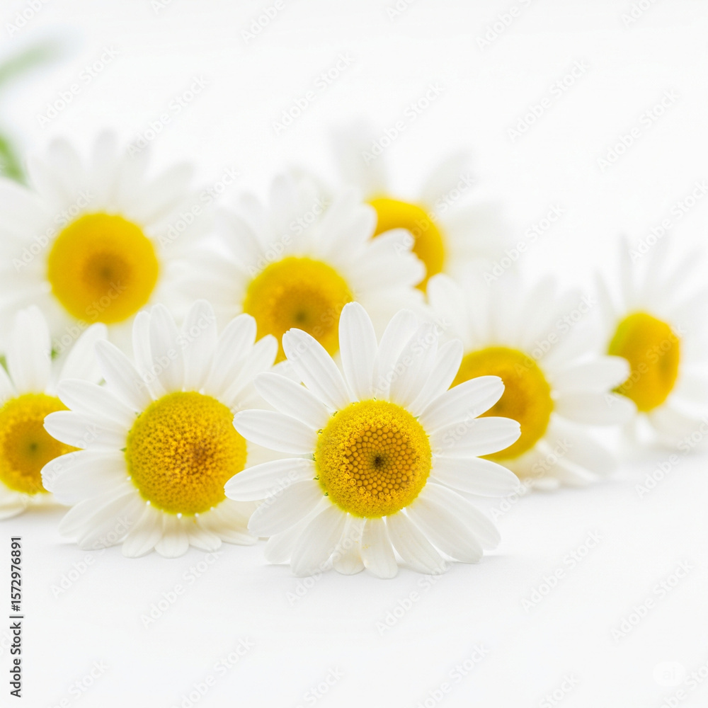 Fototapeta premium Simple and minimalist camomile flowers on a white background