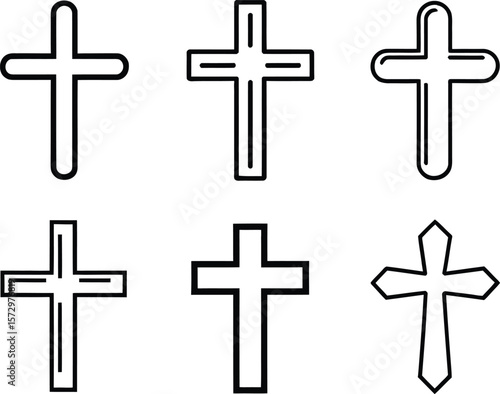 Collection of Simple Black Line Cross Icons: Religious, Minimalist, Vector Graphics.
