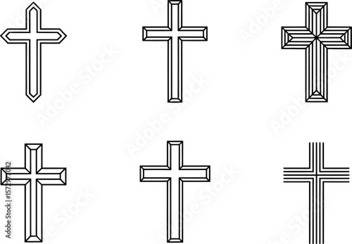 Collection of Six Simple Line Art Cross Designs:  Religious, Minimalist, and Elegant Vector Graphics.