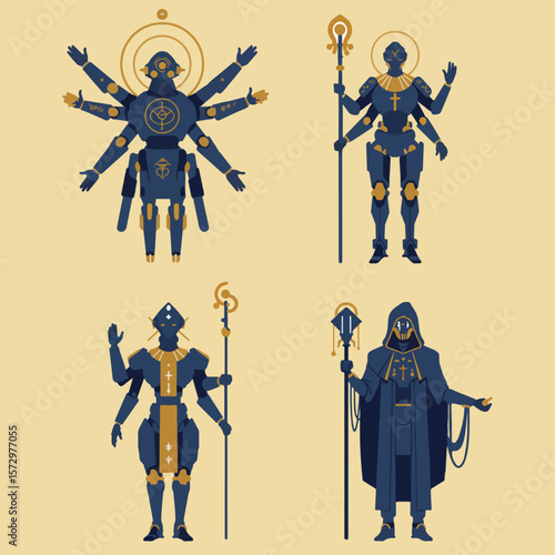 set illustration minimalist geometric flat vector design of ritual mecha robots