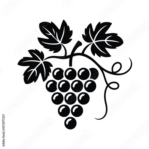 Stylized black and white illustration of a grape cluster with leaves and tendrils