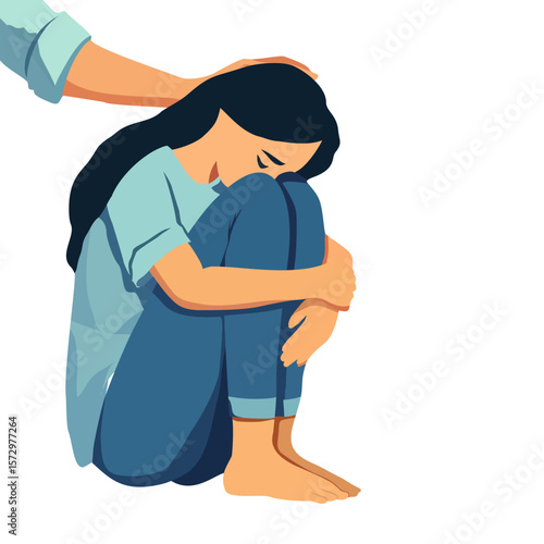 A comforting scene of a sorrowful woman being gently patted on the head