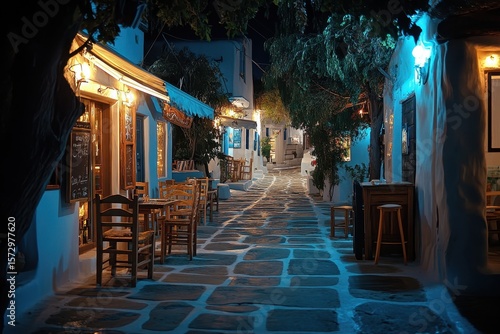 Fototapeta Naklejka Na Ścianę i Meble -  Explore the romantic night atmosphere of Mykonos with charming streets and vibrant lights, Night view of greek island Mykonos romantic travel destination in Greece