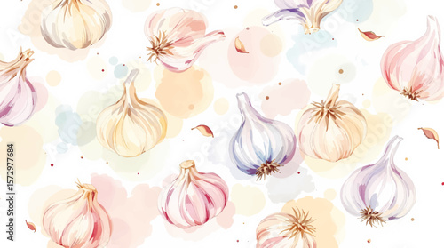 Hand-painted garlic with gentle earthy tones, forming a cozy seamless design inspired by home cooking and garden freshness