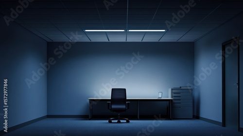 Empty Office at Night Desk and Chair.