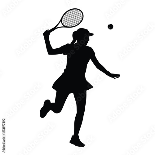 Female tennis player silhouette hitting a forehand shot with a tennis ball