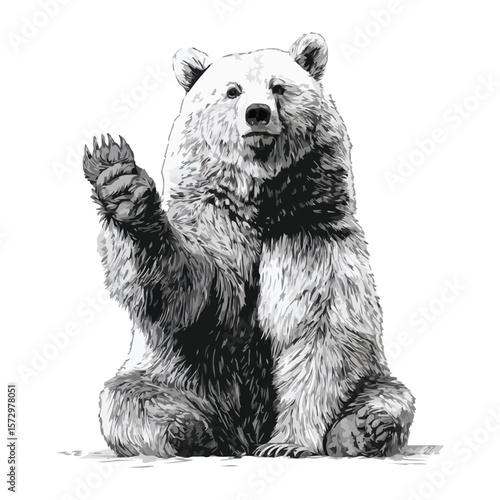 Waving Grizzly Sitting – Ink Sketch Style