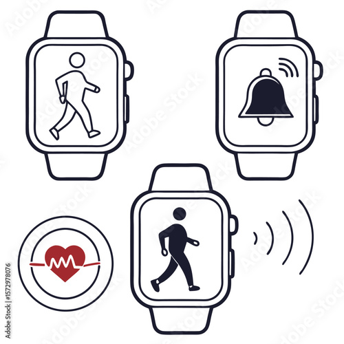Collection of modern smart watch icons representing fitness tracking notifications and health monitoring with a walking person a bell and a heart rate symbol on a white background