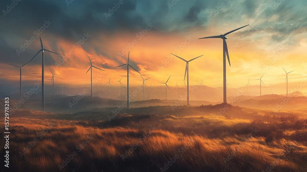 Fototapeta premium Dramatic sunset over a field of wind turbines, creating a powerful image of renewable energy and environmental sustainability