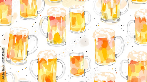 seamless pattern with beer glasses watercolor