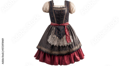 German dirndl with apron and lace details background isolated on a Transparent background, PNG file.
