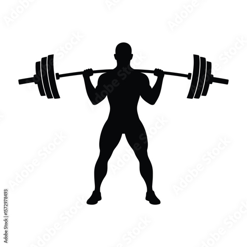 Silhouette of a muscular person performing a barbell back squat in a gym