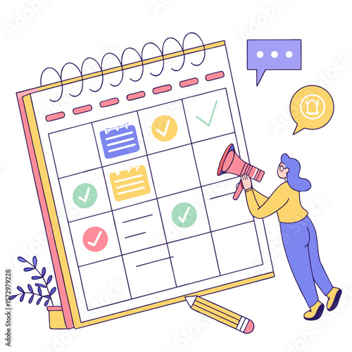 A woman with a megaphone announces tasks and events on a large calendar with checkmarks and notes symbolizing planning and organization for business or personal projects