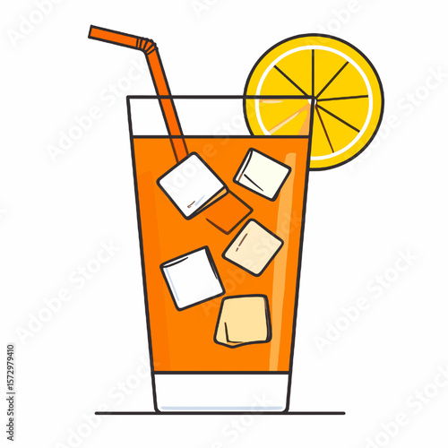 Orange Beverage with Ice Cubes and Lemon Slice in Tall Glass Refreshing Summer Drink with Straw on White Background