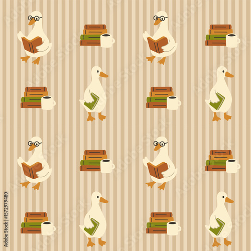 Fotografie Vintage Hand-Drawn Whimsical Duck Book Seamless Pattern on Brown stipe backgroun