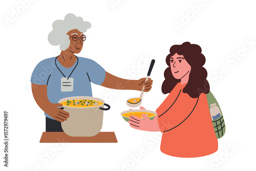 Elderly woman volunteer distributes food. Warm soup for homeless people