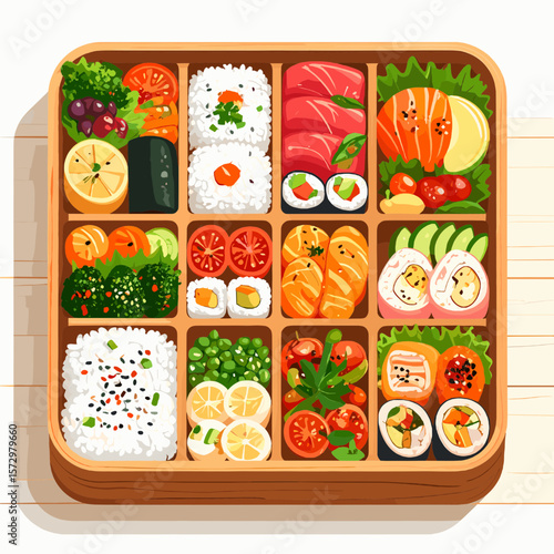 Overhead Bento Box Presentation with Assorted Dishes on White Wooden Surface