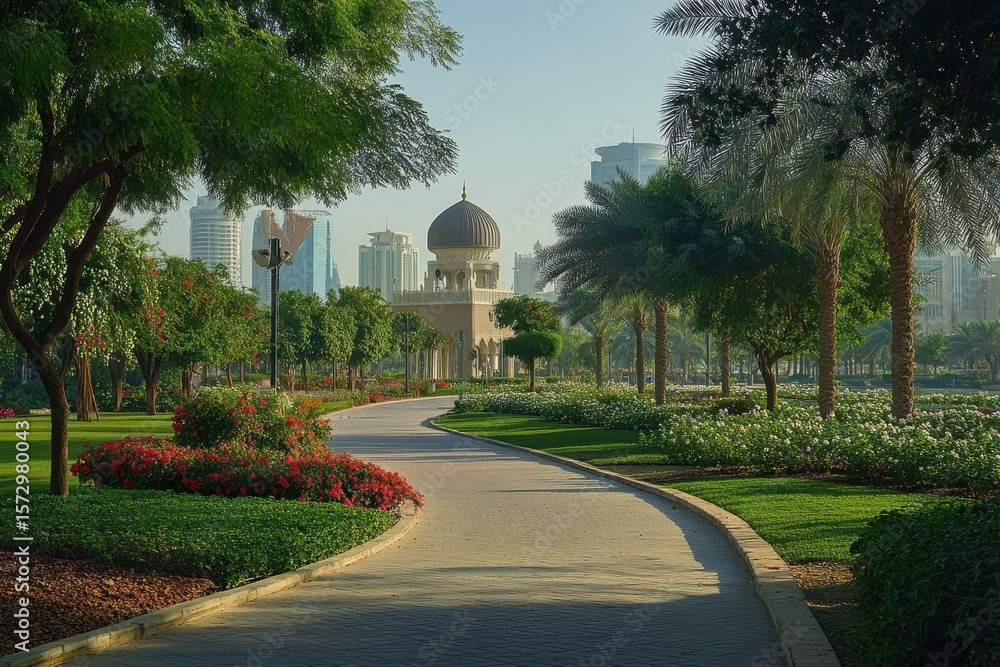 Obraz premium Morning stroll in Abu Dhabi public garden showcasing lush greenery and traditional architecture, Abu Dhabi public garden in the morning, panning from left to right