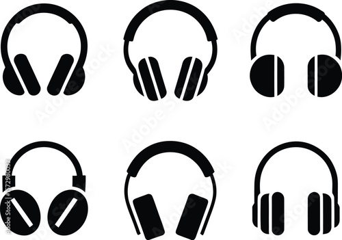 Six Stylish Black Headphone Icons: Minimalist Music Vector Set