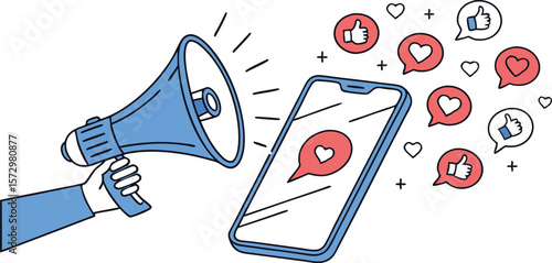 Megaphone announces social media engagement with likes and hearts appearing on a smartphone screen