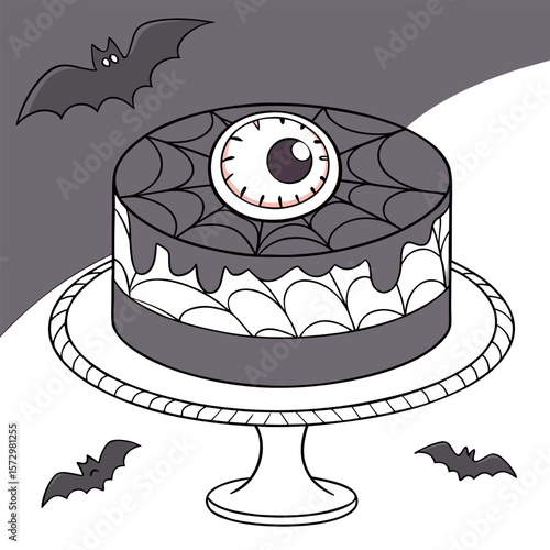A spooky halloween cake decorated with a creepy eyeball and a spiderweb design sits on a cake stand surrounded by flying bats on a dark gray and white background