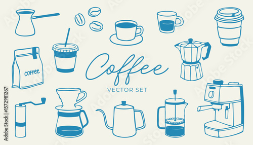 Coffee brewing tools, cups, beans and accessories set. Hand drawn modern minimalist flat vector illustration. Coffee shop and cafe concept for design and print