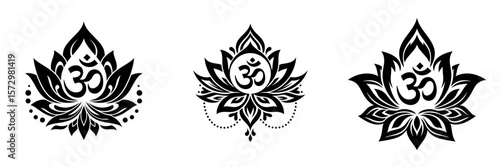 Set, Mandala lotus designs with Om symbol in artistic style for engraving, tattoo, stencil, or decorative printing, isolated on a transparent background