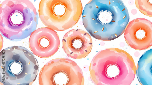 Watercolor colorful donuts close up